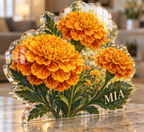 Artwork visualization: Marigold border — personalized housewarming, personalized MIA, subject-shaped acrylic with printed optical 3D depth; not carved relief.