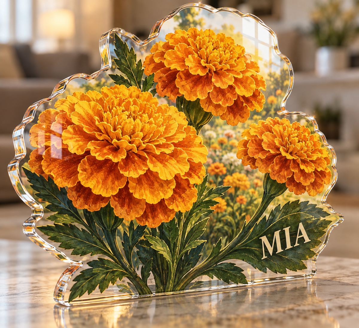 Artwork visualization: Marigold border — personalized housewarming, personalized MIA, subject-shaped acrylic with printed optical 3D depth; not carved relief.