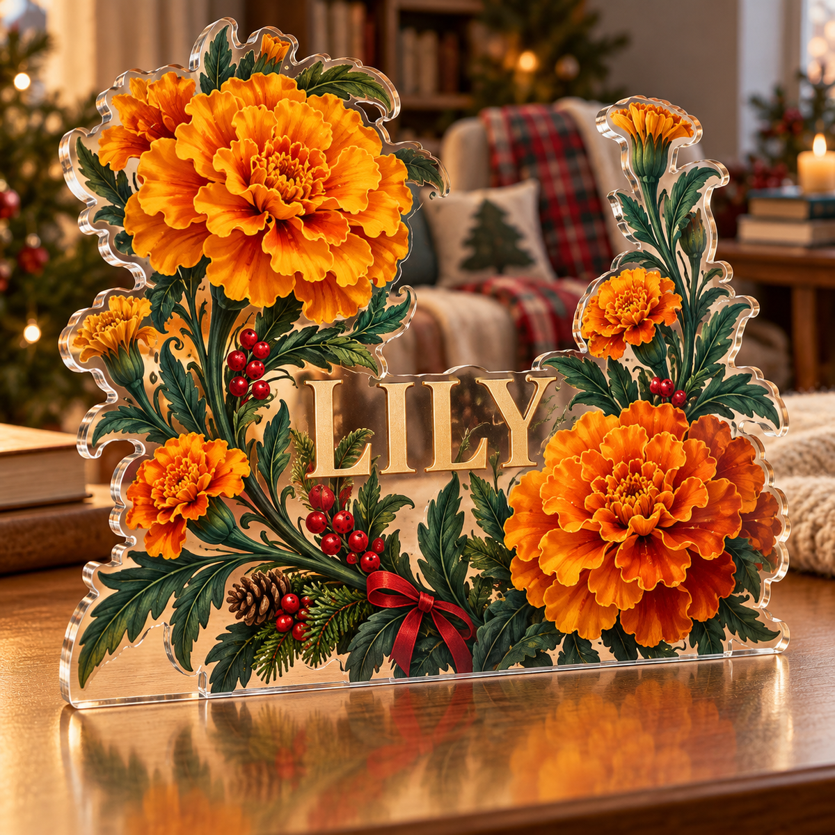 Artwork visualization: Marigold border — quiet corner decoration, personalized LILY, subject-shaped acrylic with printed optical 3D depth; not carved relief.
