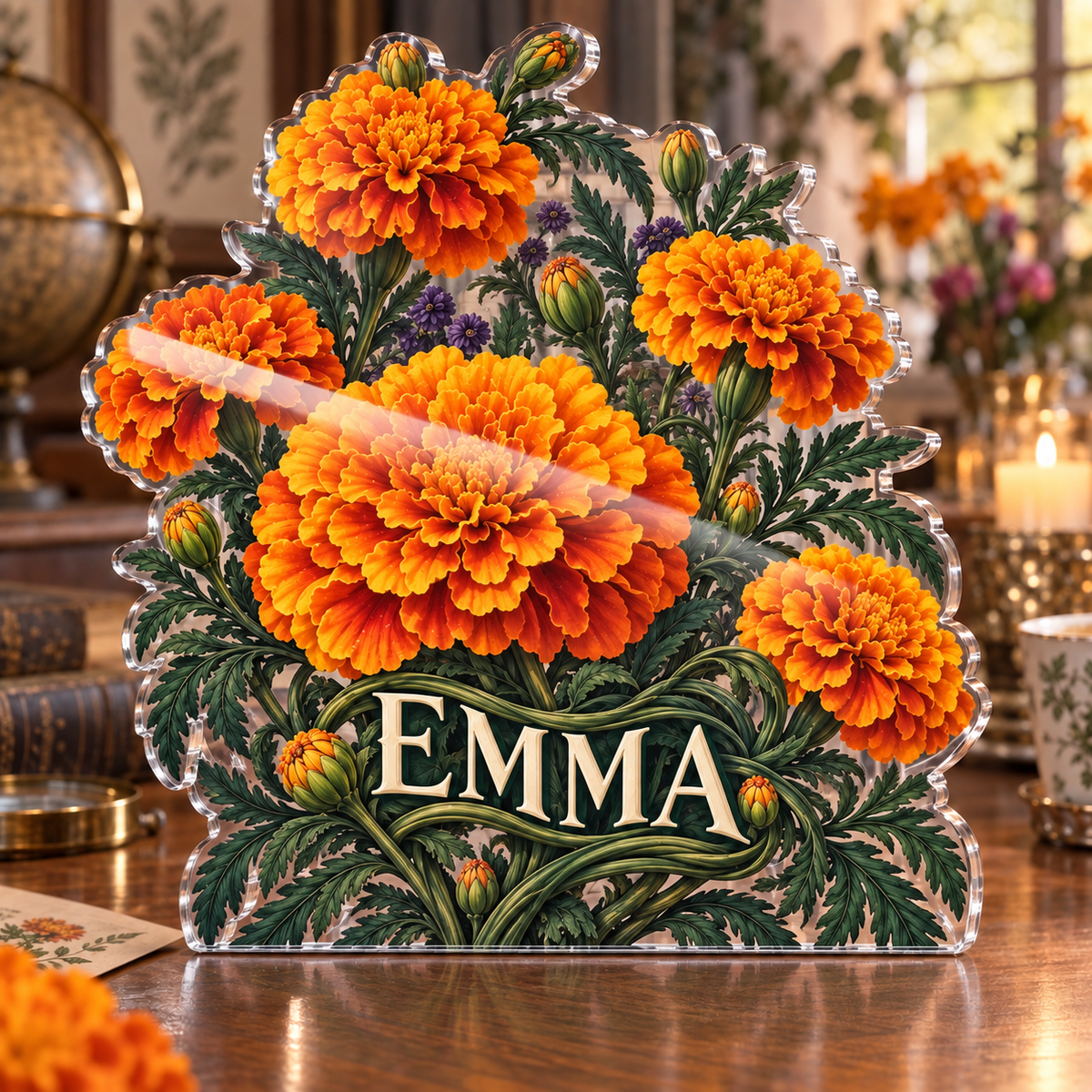 Artwork visualization: Marigold border — collector birthday keepsake, personalized EMMA, subject-shaped acrylic with printed optical 3D depth; not carved relief.
