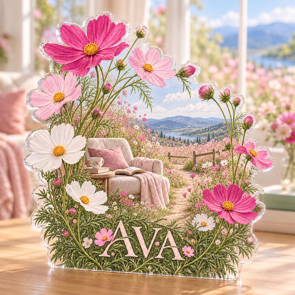 Artwork visualization: Cosmos field — reading nook decor, personalized AVA, subject-shaped acrylic with printed optical 3D depth; not carved relief.