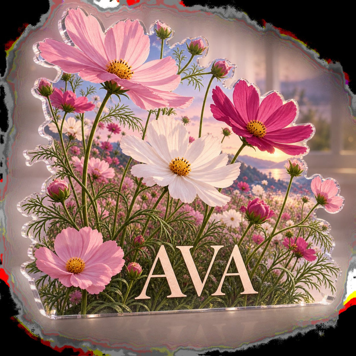 Personalized Cosmos Field Bedroom Statement Decor custom shape acrylic plaque with an example name set into the artwork, digital preview