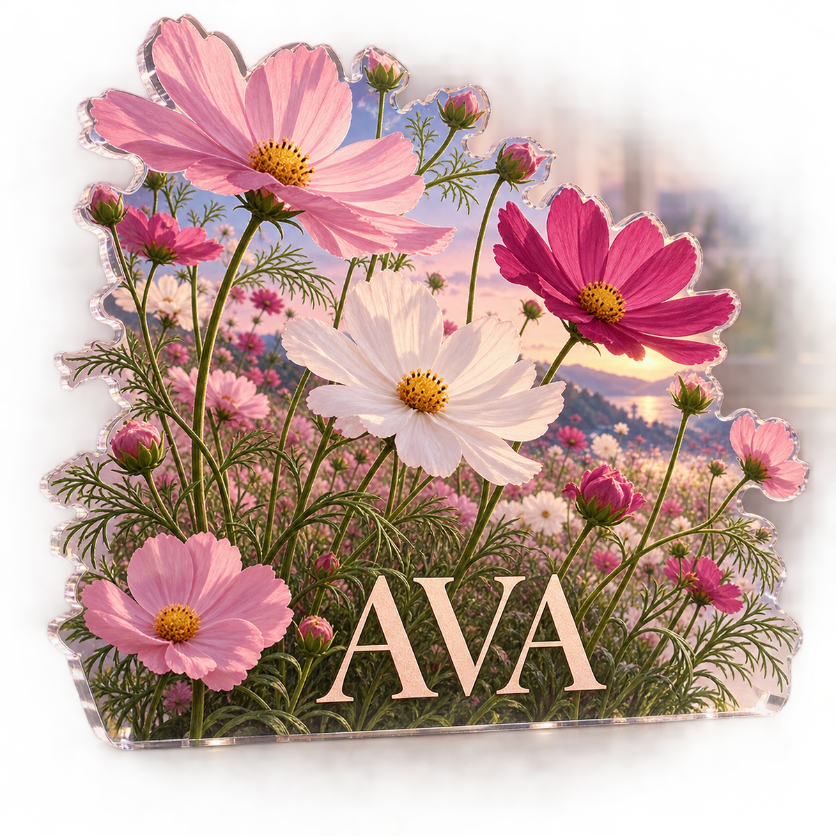 Artwork visualization: Cosmos field — bedroom statement decor, personalized AVA, subject-shaped acrylic with printed optical 3D depth; not carved relief.