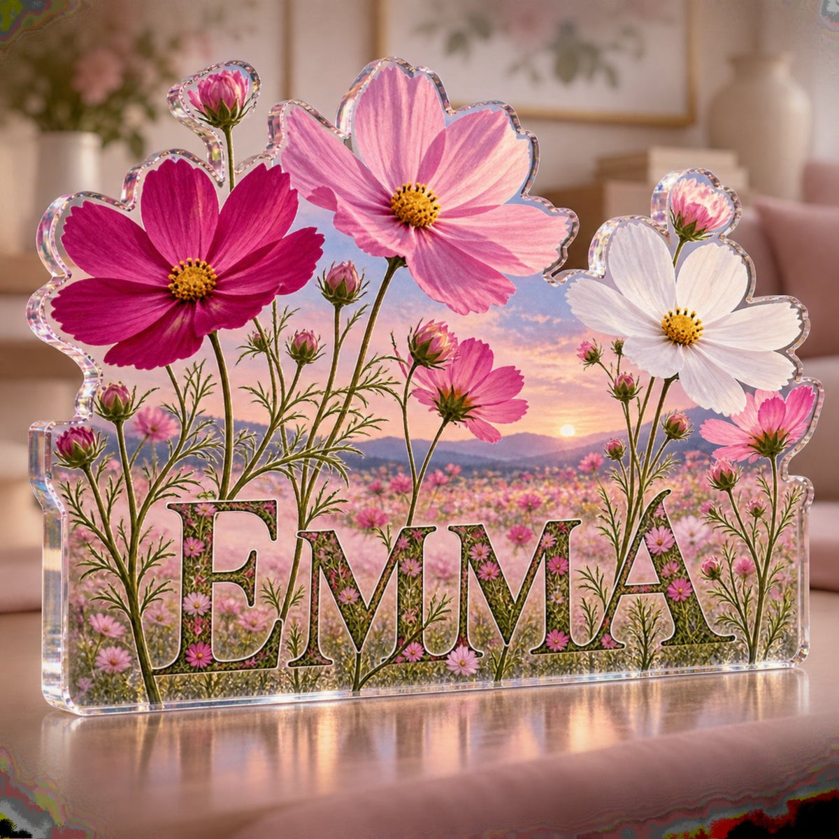 Personalized Cosmos Field Living Room Focal Point custom shape acrylic plaque with an example name set into the artwork, digital preview