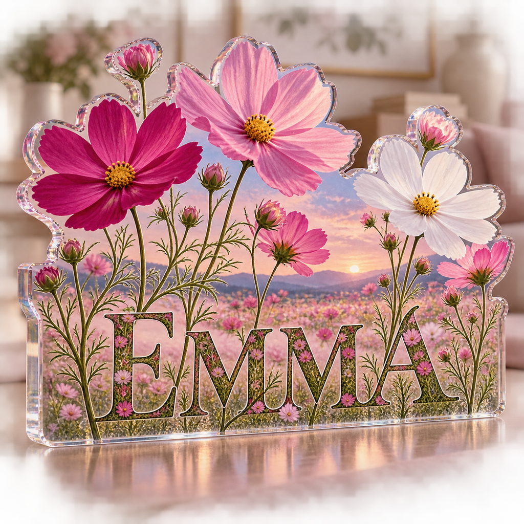 Artwork visualization: Cosmos field — living room focal point, personalized EMMA, subject-shaped acrylic with printed optical 3D depth; not carved relief.