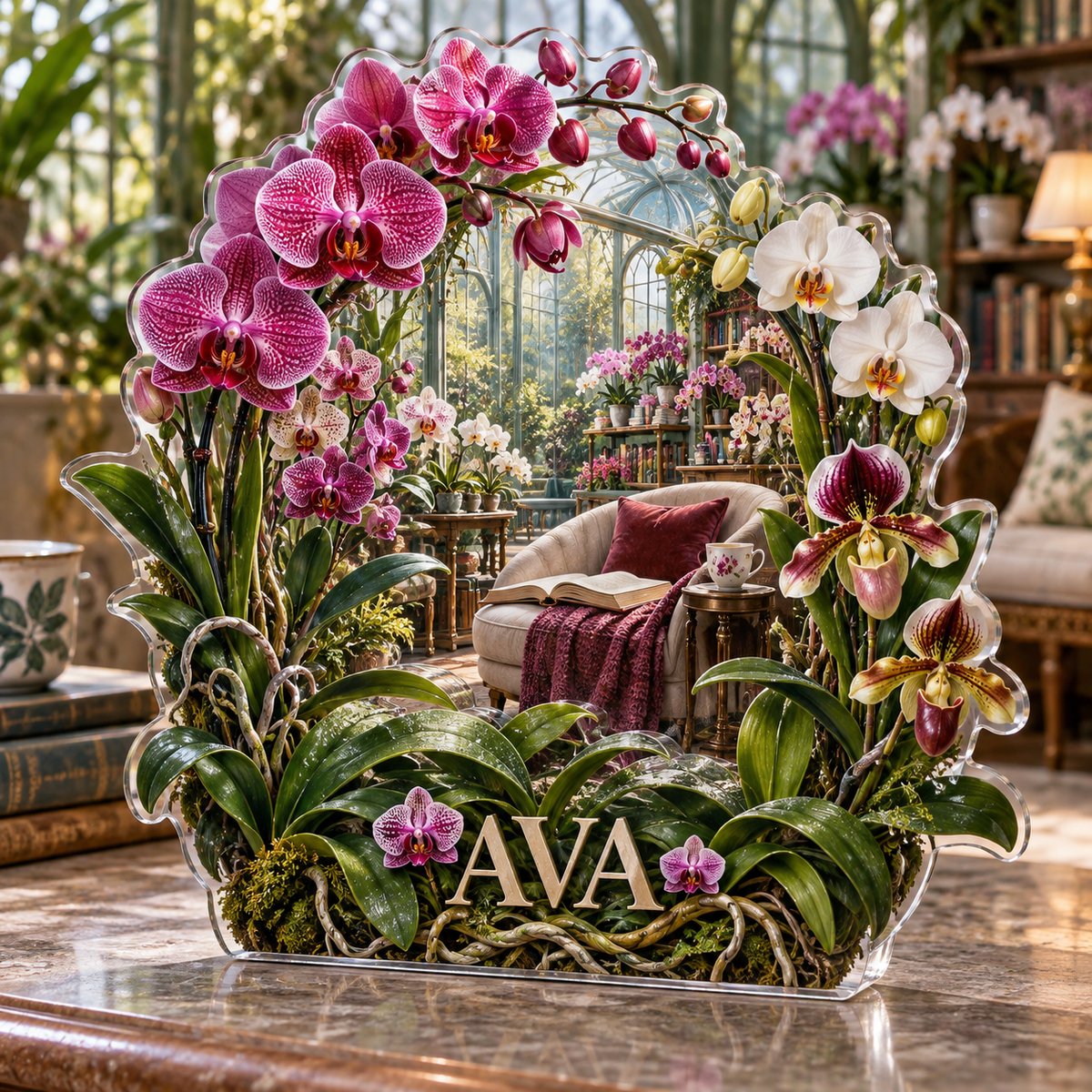 Artwork visualization: Orchid collection — reading nook decor, personalized AVA, subject-shaped acrylic with printed optical 3D depth; not carved relief.