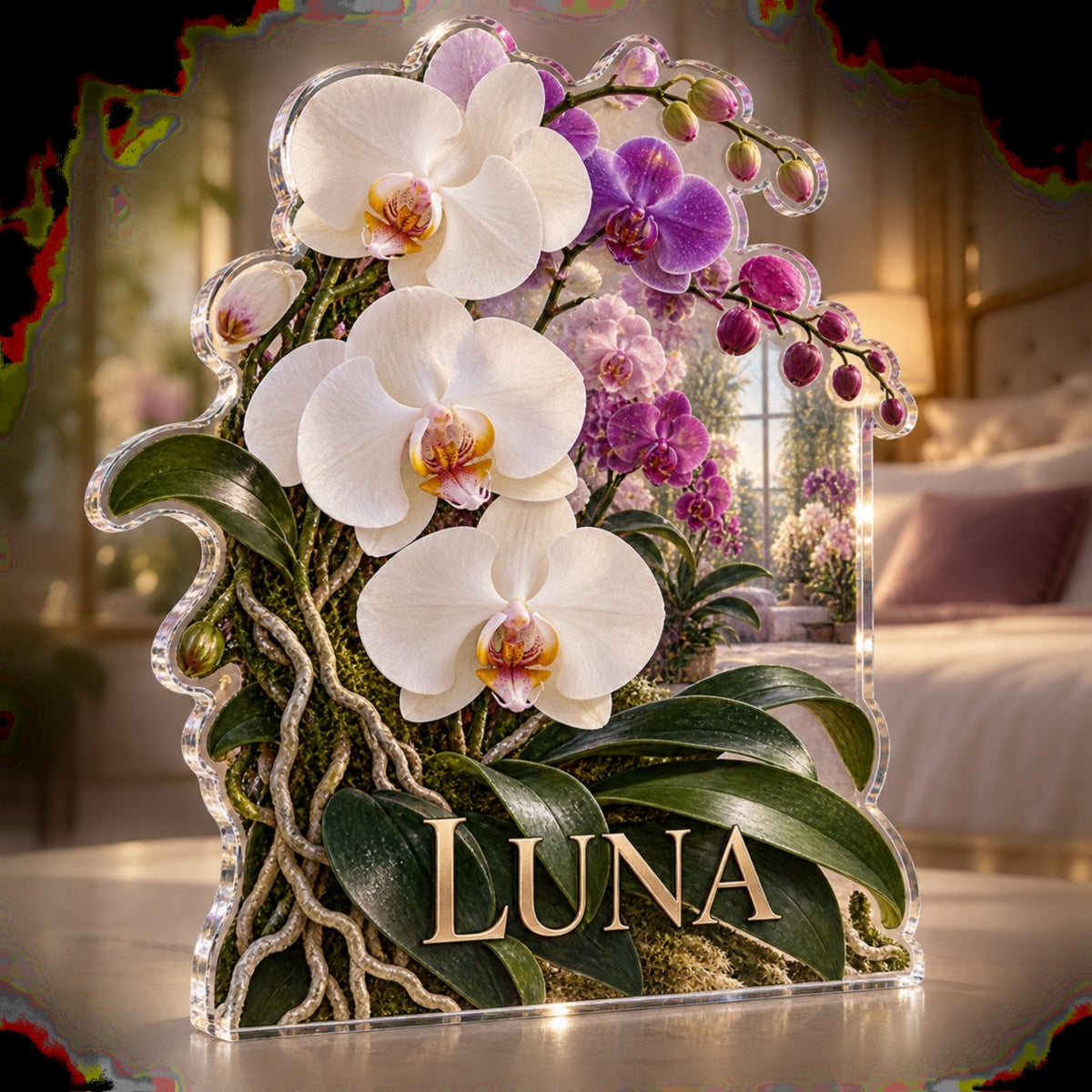 Personalized Orchid Collection Bedroom Statement Decor custom shape acrylic plaque with an example name set into the artwork, digital preview