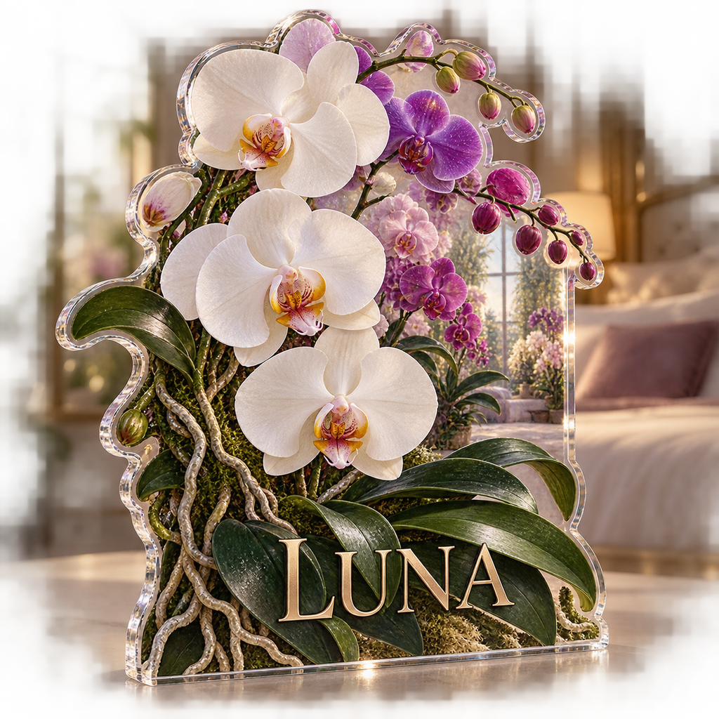 Artwork visualization: Orchid collection — bedroom statement decor, personalized LUNA, subject-shaped acrylic with printed optical 3D depth; not carved relief.