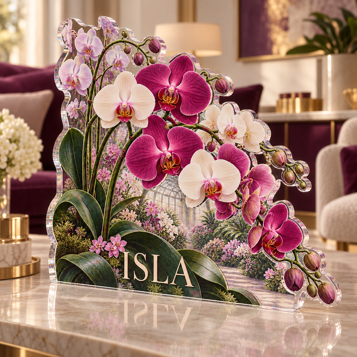 Artwork visualization: Orchid collection — living room focal point, personalized ISLA, subject-shaped acrylic with printed optical 3D depth; not carved relief.
