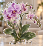 Artwork visualization: Orchid collection — personalized housewarming, personalized LILY, subject-shaped acrylic with printed optical 3D depth; not carved relief.