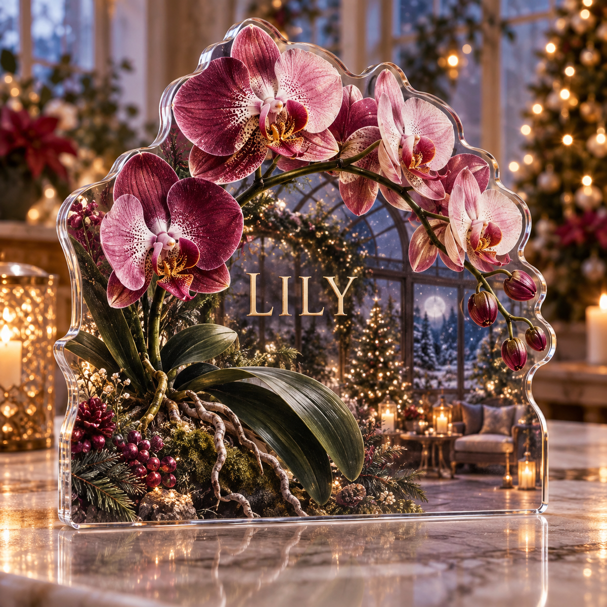 Artwork visualization: Orchid collection — quiet corner decoration, personalized LILY, subject-shaped acrylic with printed optical 3D depth; not carved relief.