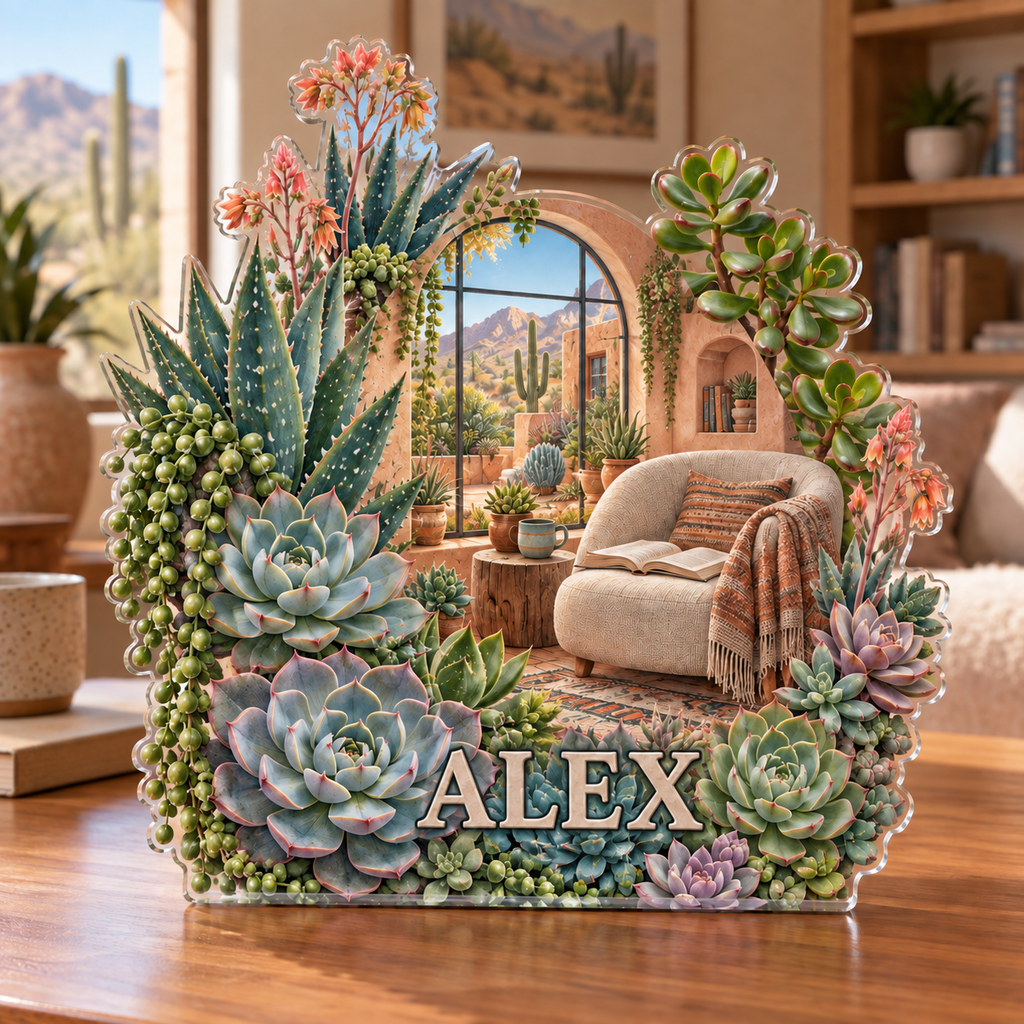 Artwork visualization: Succulent garden — reading nook decor, personalized ALEX, subject-shaped acrylic with printed optical 3D depth; not carved relief.