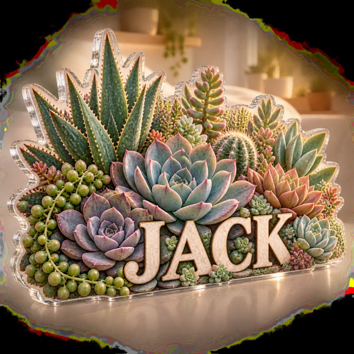 Personalized Succulent Garden Bedroom Statement Decor custom shape acrylic plaque with an example name set into the artwork, digital preview