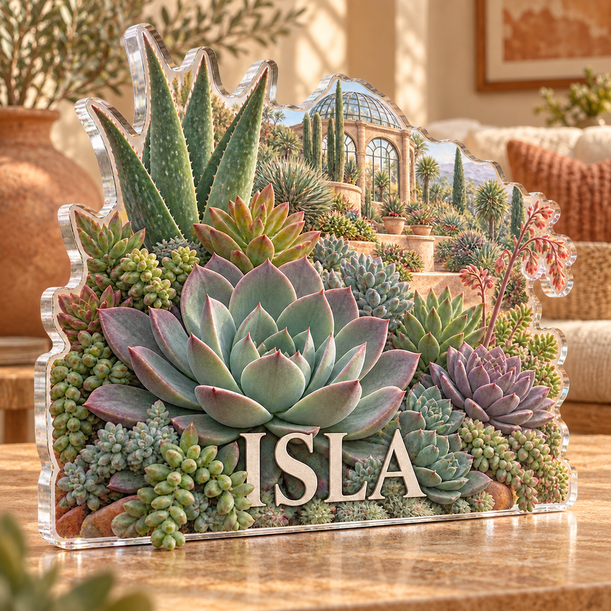 Artwork visualization: Succulent garden — living room focal point, personalized ISLA, subject-shaped acrylic with printed optical 3D depth; not carved relief.