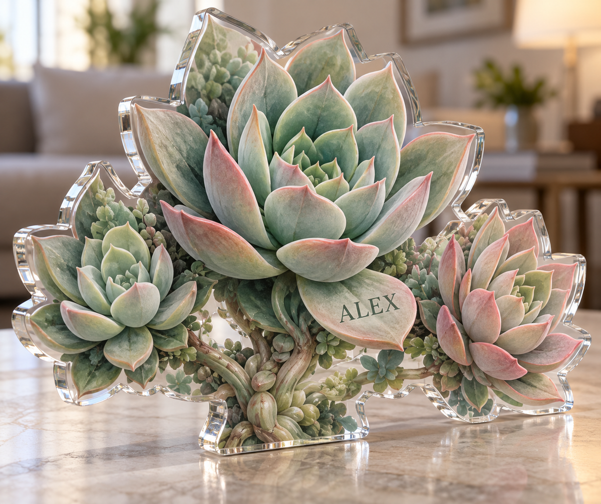 Artwork visualization: Succulent garden — personalized housewarming, personalized ALEX, subject-shaped acrylic with printed optical 3D depth; not carved relief.