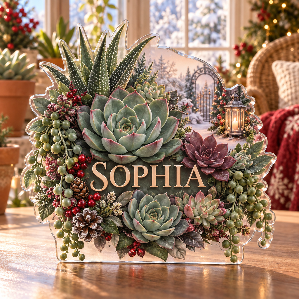 Artwork visualization: Succulent garden — quiet corner decoration, personalized SOPHIA, subject-shaped acrylic with printed optical 3D depth; not carved relief.