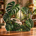Artwork visualization: Monstera leaves — reading nook decor, personalized LILY, subject-shaped acrylic with printed optical 3D depth; not carved relief.