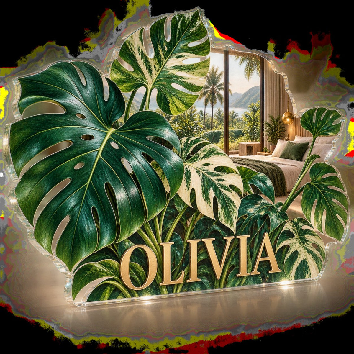 Personalized Monstera Leaves Bedroom Statement Decor custom shape acrylic plaque with an example name set into the artwork, digital preview