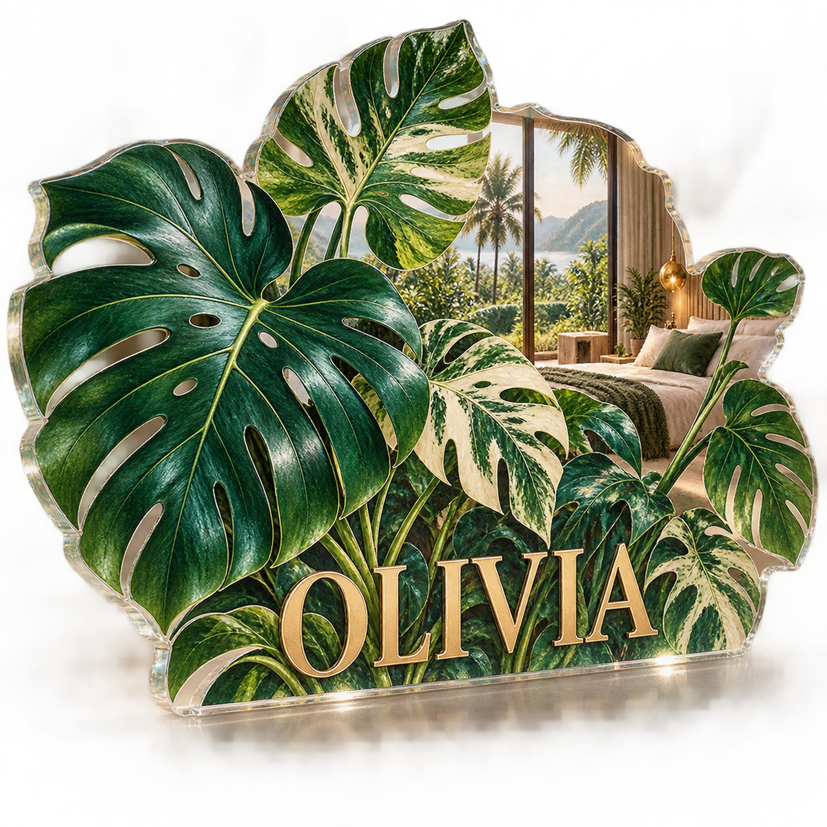 Artwork visualization: Monstera leaves — bedroom statement decor, personalized OLIVIA, subject-shaped acrylic with printed optical 3D depth; not carved relief.
