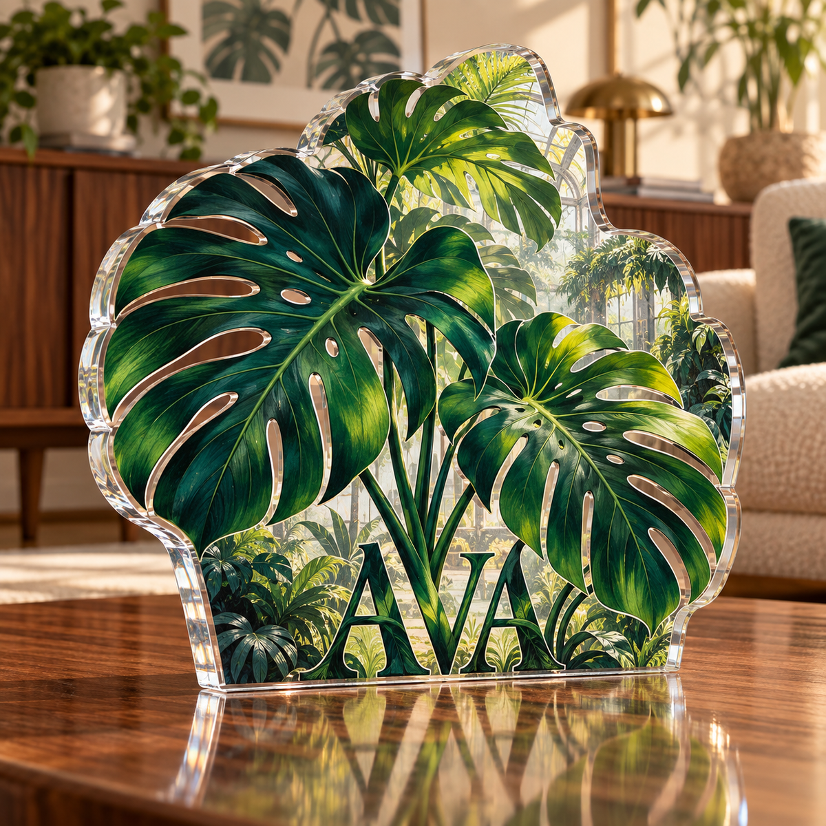 Artwork visualization: Monstera leaves — living room focal point, personalized AVA, subject-shaped acrylic with printed optical 3D depth; not carved relief.
