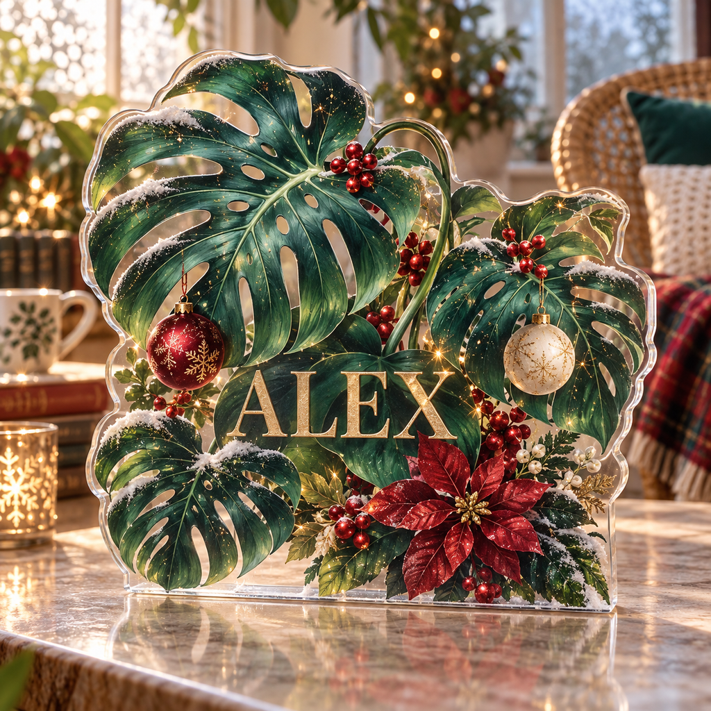 Artwork visualization: Monstera leaves — quiet corner decoration, personalized ALEX, subject-shaped acrylic with printed optical 3D depth; not carved relief.