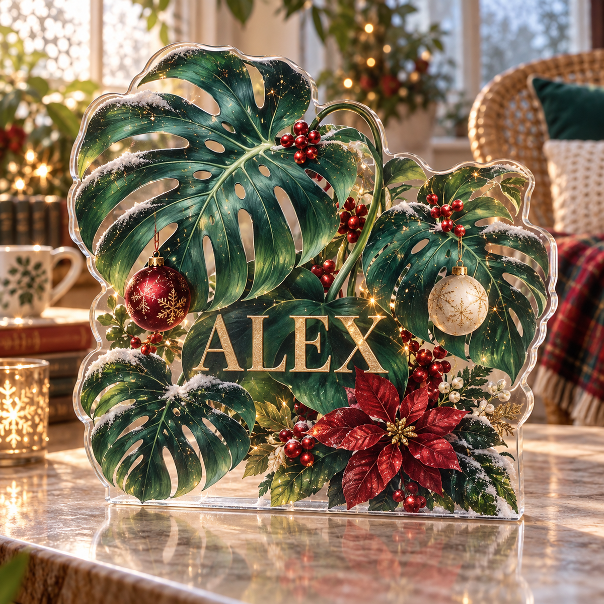 Artwork visualization: Monstera leaves — quiet corner decoration, personalized ALEX, subject-shaped acrylic with printed optical 3D depth; not carved relief.
