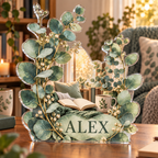 Artwork visualization: Eucalyptus sprigs — reading nook decor, personalized ALEX, subject-shaped acrylic with printed optical 3D depth; not carved relief.