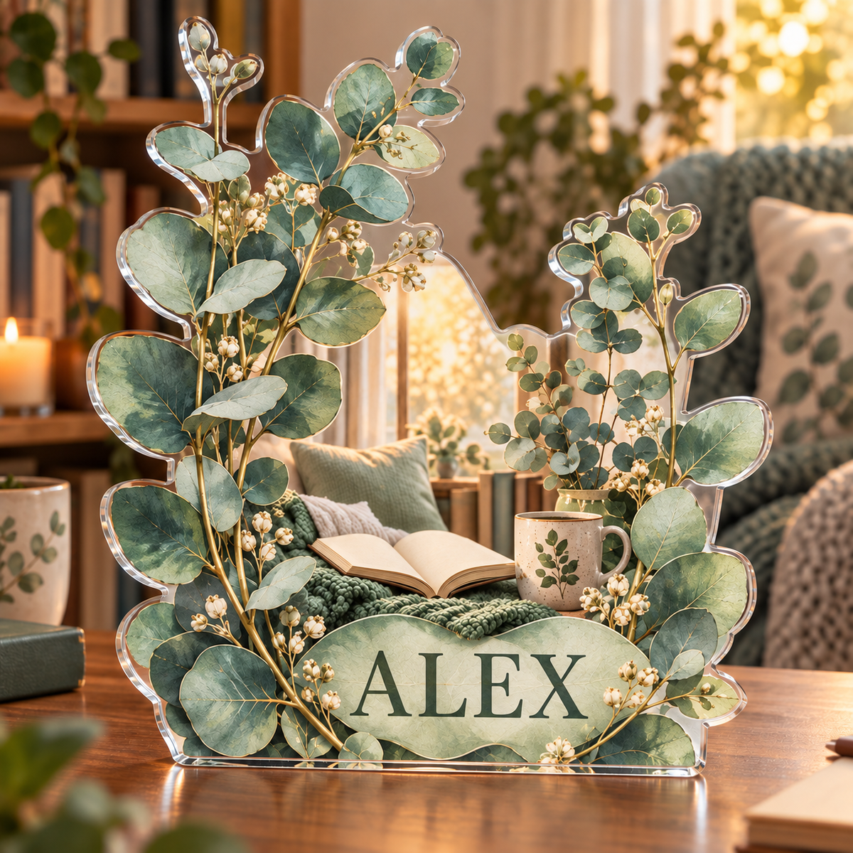 Artwork visualization: Eucalyptus sprigs — reading nook decor, personalized ALEX, subject-shaped acrylic with printed optical 3D depth; not carved relief.