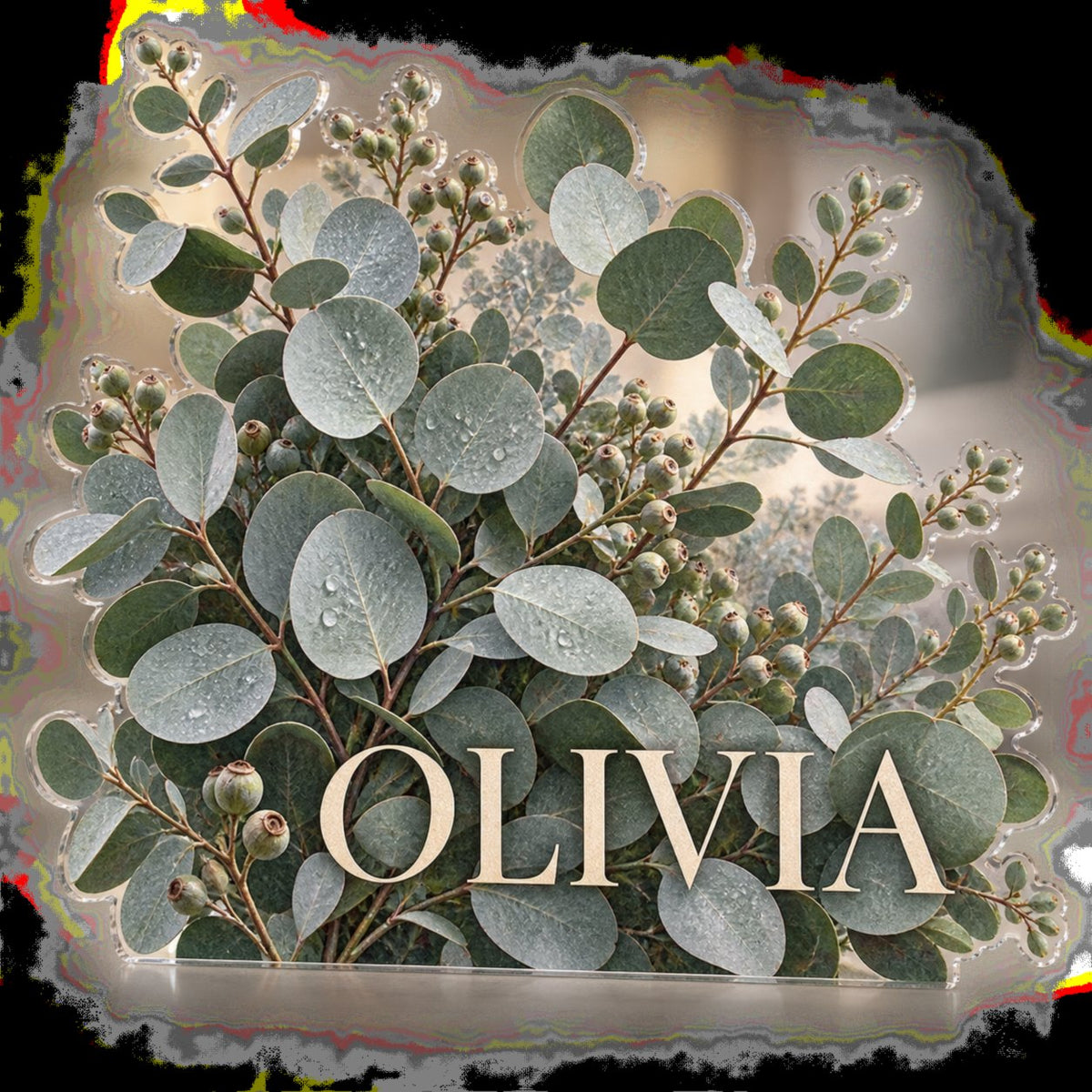 Personalized Eucalyptus Sprigs Bedroom Statement Decor custom shape acrylic plaque with an example name set into the artwork, digital preview
