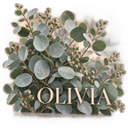 Artwork visualization: Eucalyptus sprigs — bedroom statement decor, personalized OLIVIA, subject-shaped acrylic with printed optical 3D depth; not carved relief.