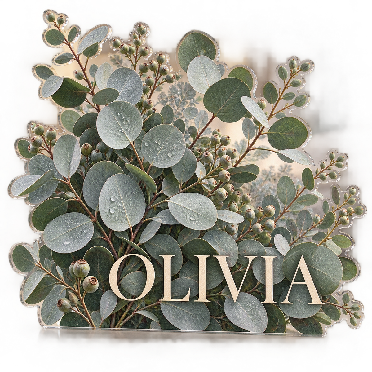 Artwork visualization: Eucalyptus sprigs — bedroom statement decor, personalized OLIVIA, subject-shaped acrylic with printed optical 3D depth; not carved relief.