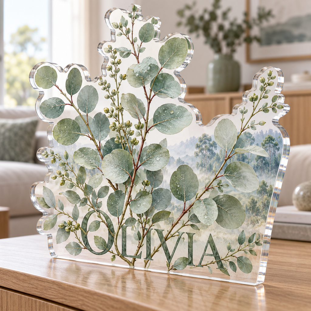 Artwork visualization: Eucalyptus sprigs — living room focal point, personalized OLIVIA, subject-shaped acrylic with printed optical 3D depth; not carved relief.