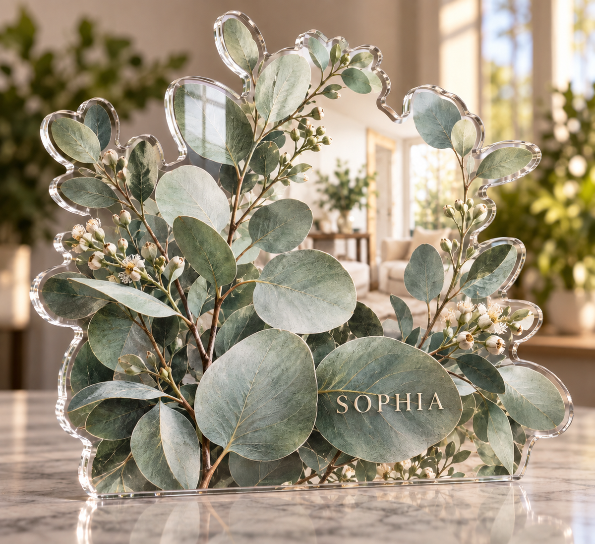 Artwork visualization: Eucalyptus sprigs — personalized housewarming, personalized SOPHIA, subject-shaped acrylic with printed optical 3D depth; not carved relief.