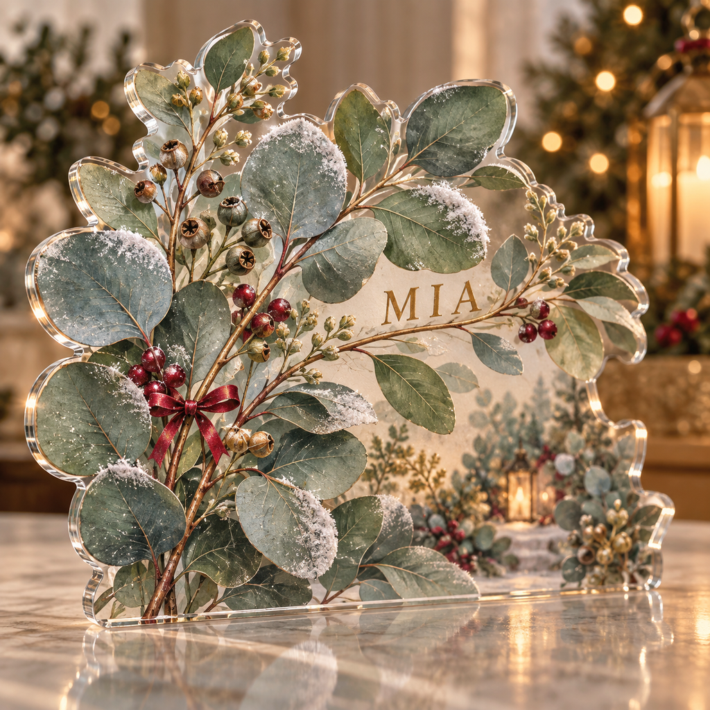 Artwork visualization: Eucalyptus sprigs — quiet corner decoration, personalized MIA, subject-shaped acrylic with printed optical 3D depth; not carved relief.