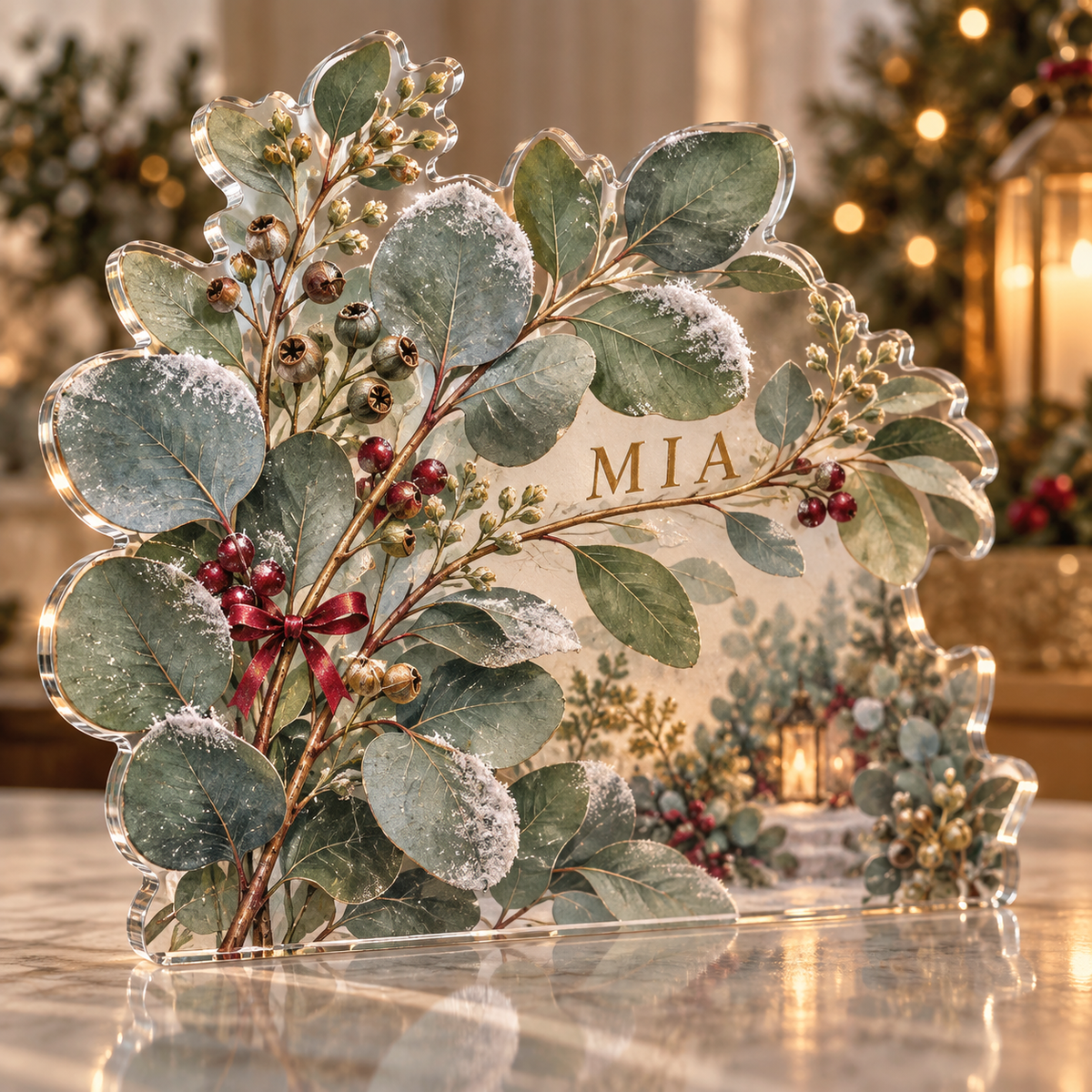 Artwork visualization: Eucalyptus sprigs — quiet corner decoration, personalized MIA, subject-shaped acrylic with printed optical 3D depth; not carved relief.
