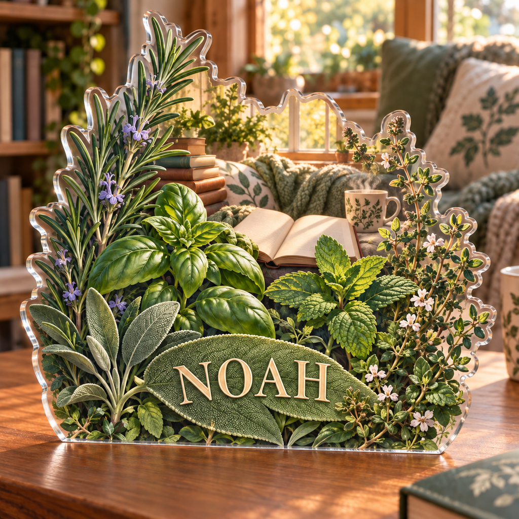 Artwork visualization: Herb garden — reading nook decor, personalized NOAH, subject-shaped acrylic with printed optical 3D depth; not carved relief.