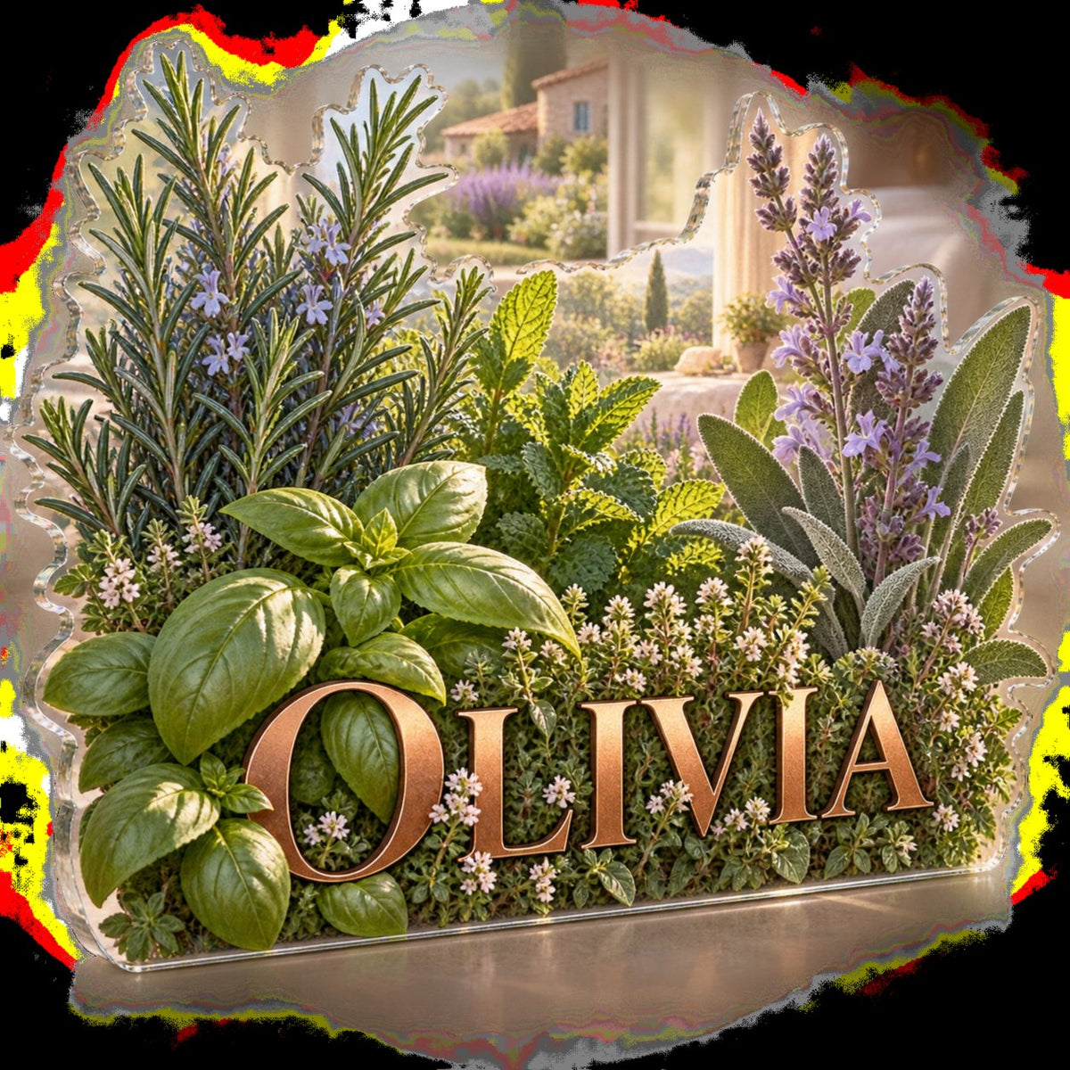 Personalized Herb Garden Bedroom Statement Decor custom shape acrylic plaque with an example name set into the artwork, digital preview