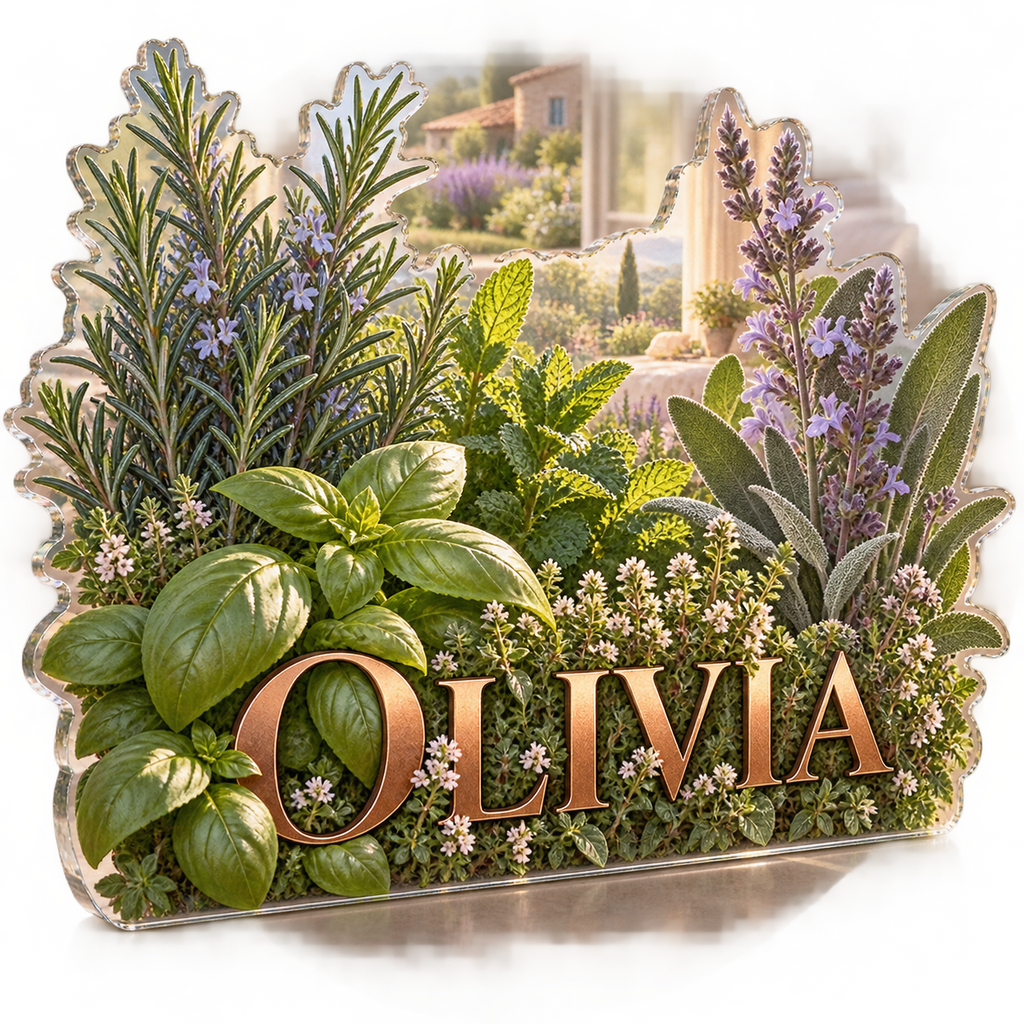 Artwork visualization: Herb garden — bedroom statement decor, personalized OLIVIA, subject-shaped acrylic with printed optical 3D depth; not carved relief.