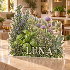 Artwork visualization: Herb garden — living room focal point, personalized LUNA, subject-shaped acrylic with printed optical 3D depth; not carved relief.