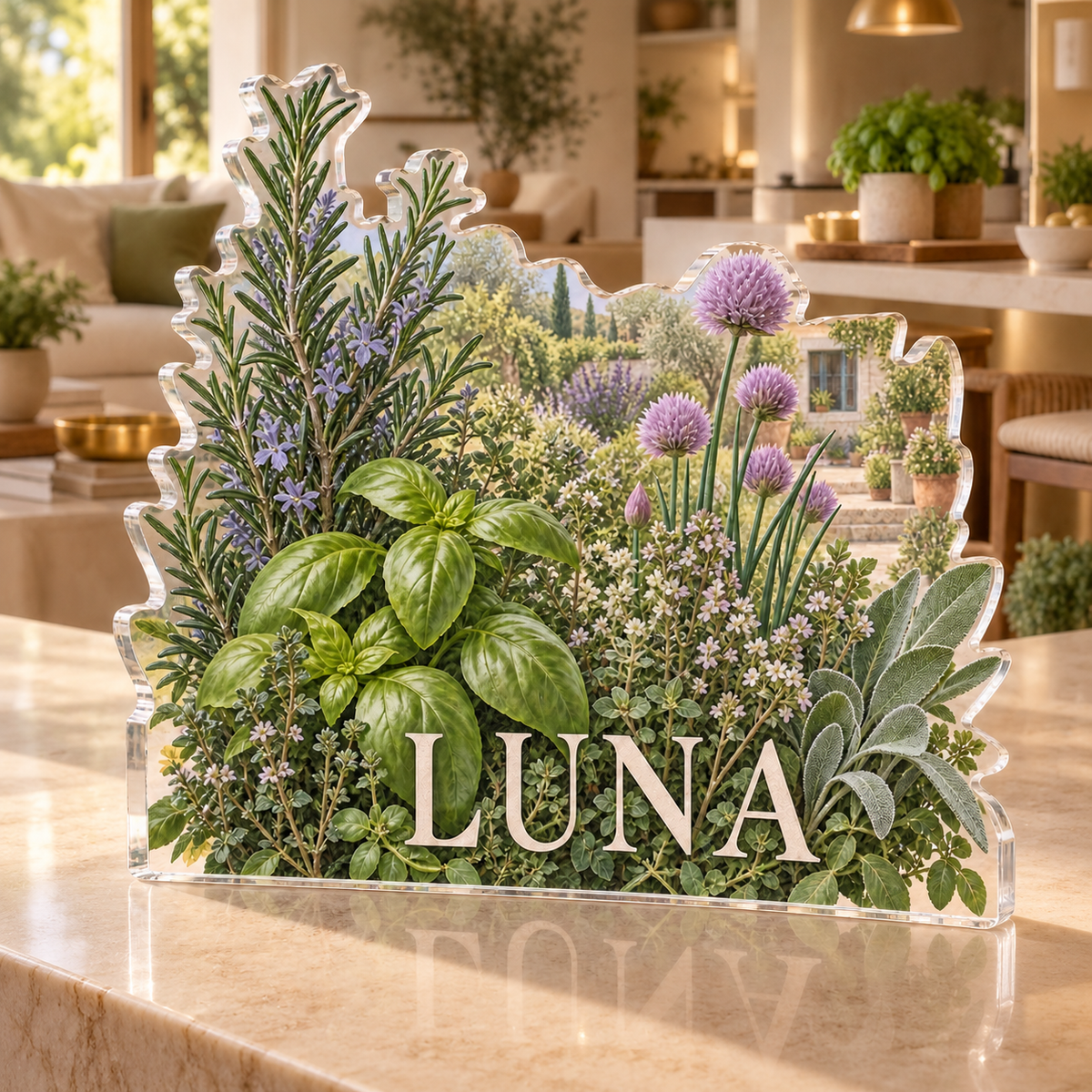 Artwork visualization: Herb garden — living room focal point, personalized LUNA, subject-shaped acrylic with printed optical 3D depth; not carved relief.