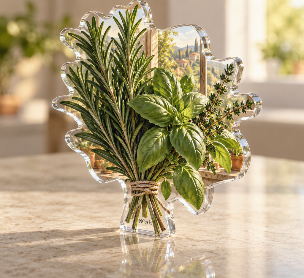 Artwork visualization: Herb garden — home office backdrop, personalized NOAH, subject-shaped acrylic with printed optical 3D depth; not carved relief.