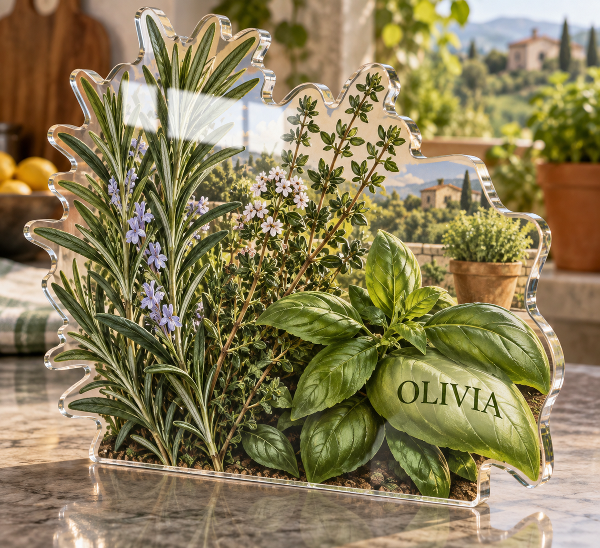 Artwork visualization: Herb garden — personalized housewarming, personalized OLIVIA, subject-shaped acrylic with printed optical 3D depth; not carved relief.