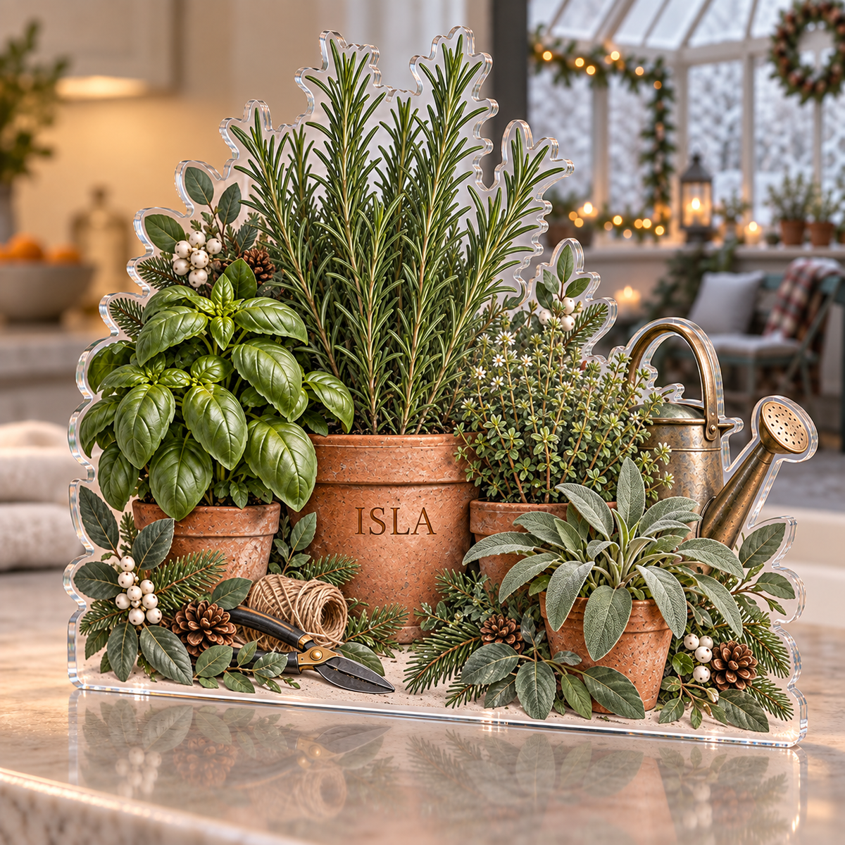 Artwork visualization: Herb garden — quiet corner decoration, personalized ISLA, subject-shaped acrylic with printed optical 3D depth; not carved relief.