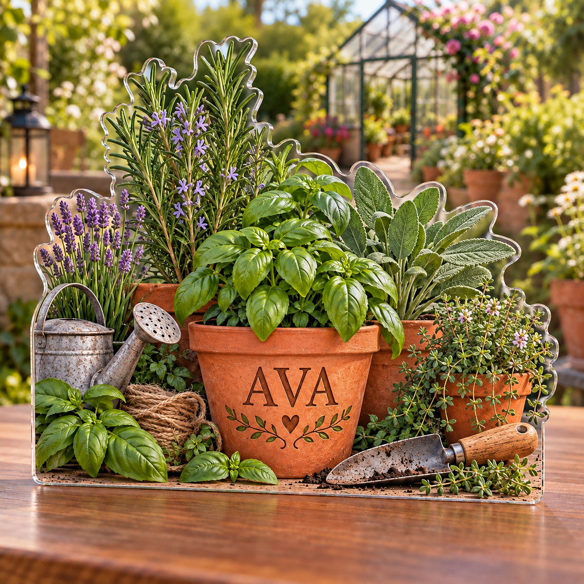 Artwork visualization: Herb garden — collector birthday keepsake, personalized AVA, subject-shaped acrylic with printed optical 3D depth; not carved relief.