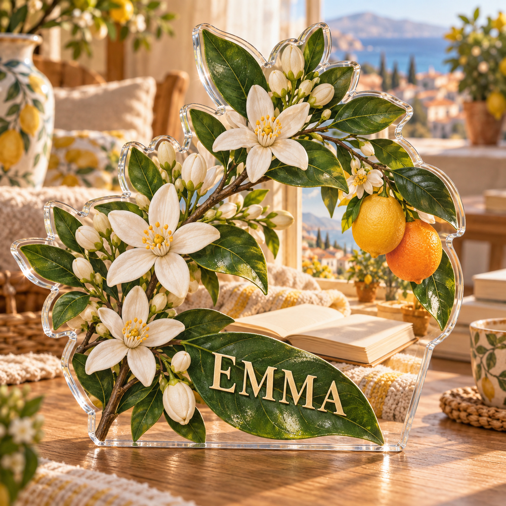 Artwork visualization: Citrus blossom — reading nook decor, personalized EMMA, subject-shaped acrylic with printed optical 3D depth; not carved relief.