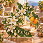 Artwork visualization: Citrus blossom — reading nook decor, personalized EMMA, subject-shaped acrylic with printed optical 3D depth; not carved relief.