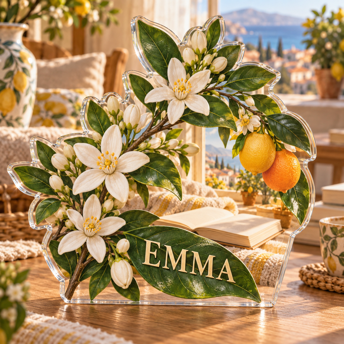 Artwork visualization: Citrus blossom — reading nook decor, personalized EMMA, subject-shaped acrylic with printed optical 3D depth; not carved relief.