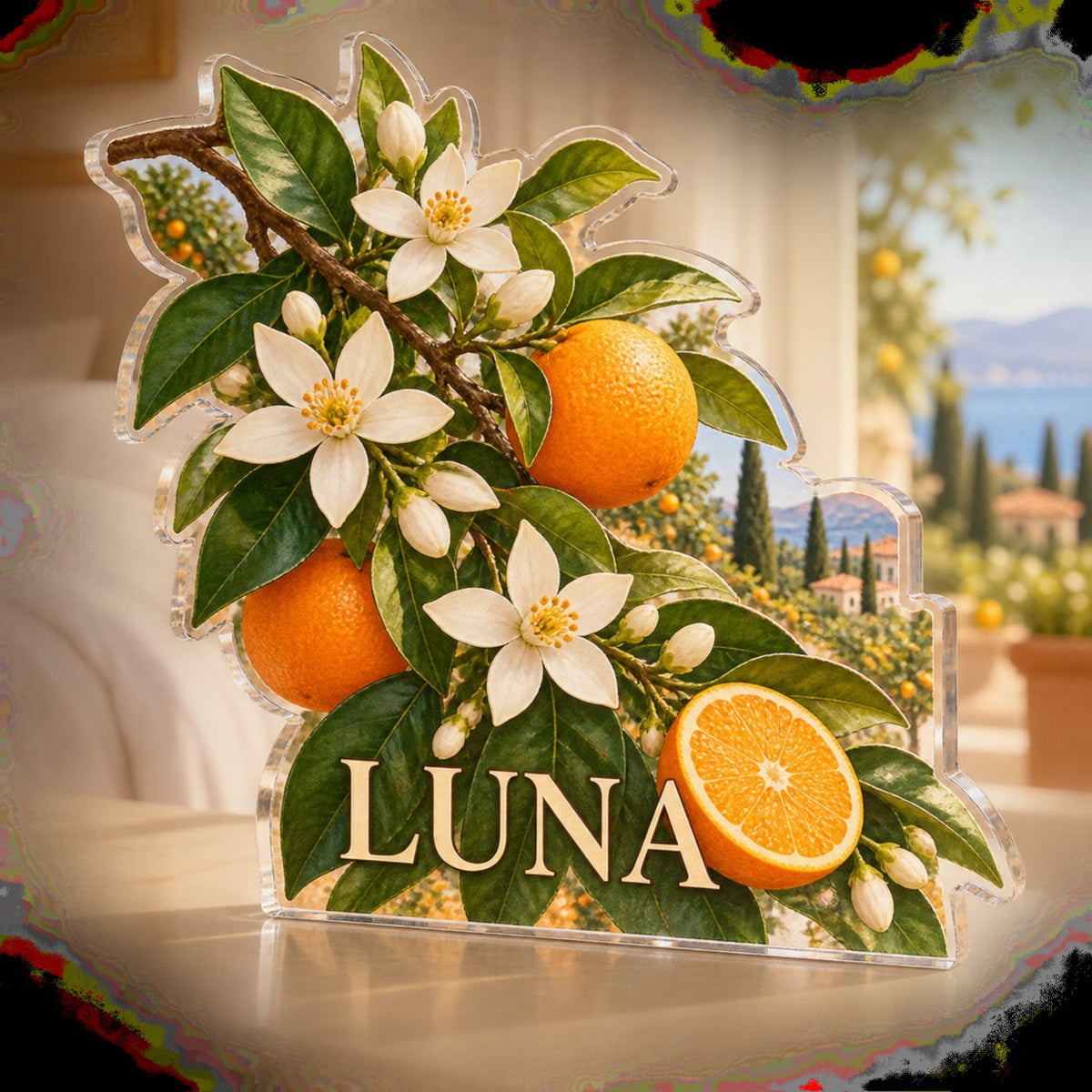 Personalized Citrus Blossom Bedroom Statement Decor custom shape acrylic plaque with an example name set into the artwork, digital preview