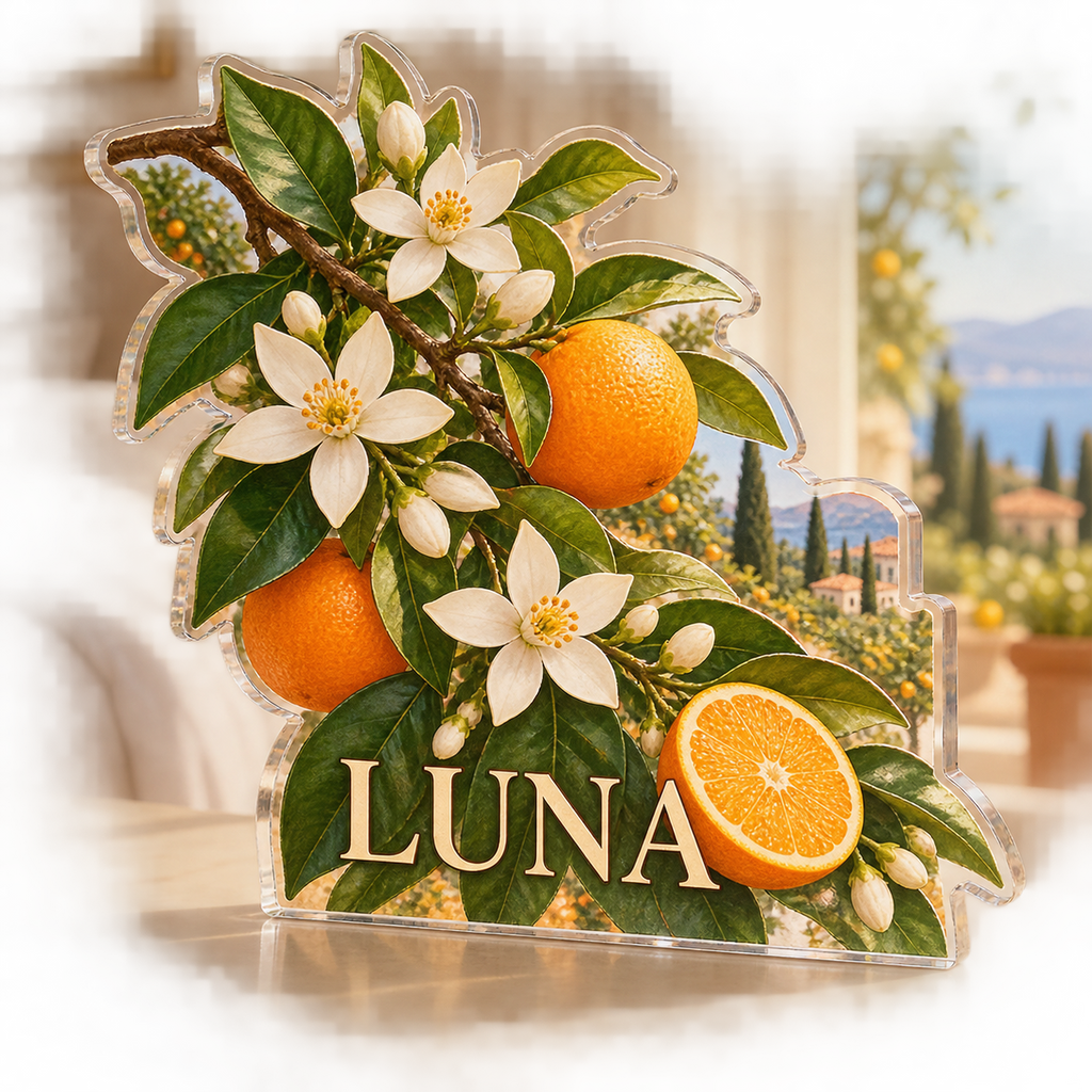 Artwork visualization: Citrus blossom — bedroom statement decor, personalized LUNA, subject-shaped acrylic with printed optical 3D depth; not carved relief.