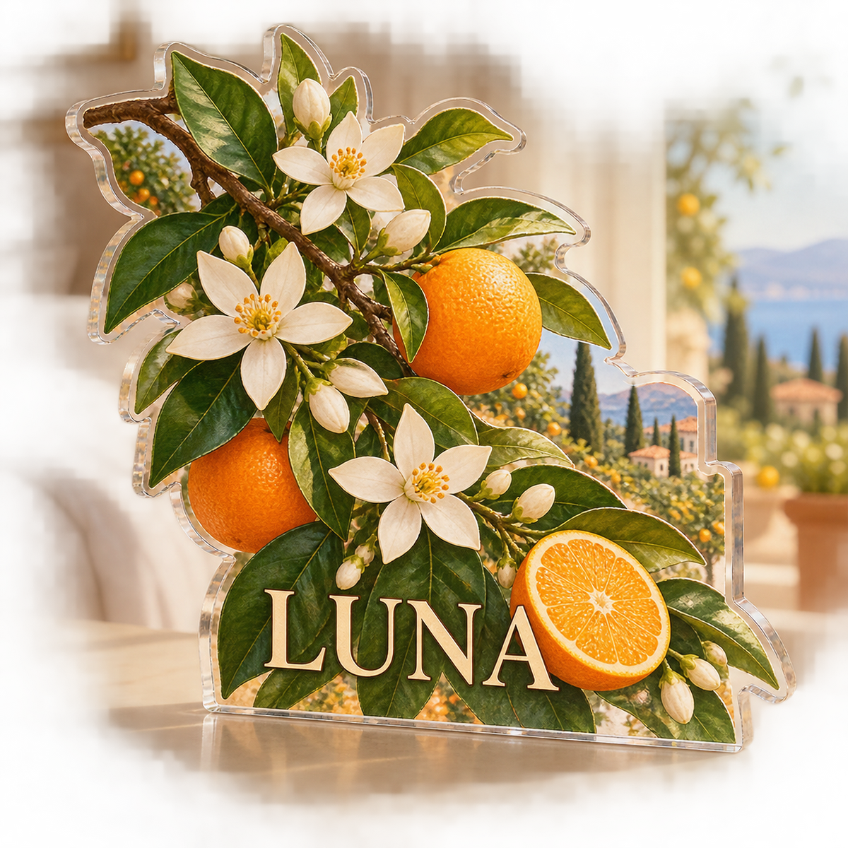 Artwork visualization: Citrus blossom — bedroom statement decor, personalized LUNA, subject-shaped acrylic with printed optical 3D depth; not carved relief.